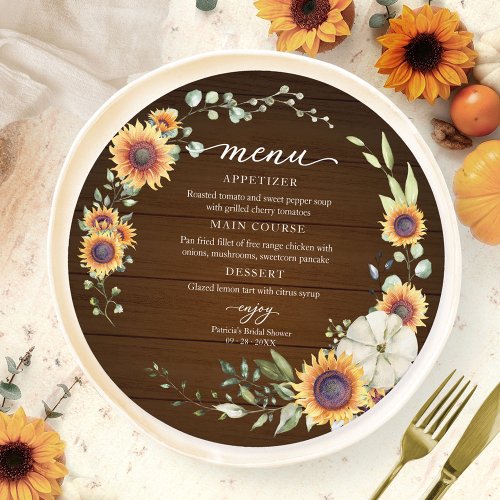 Greenery Sunflower Fall Bridal Shower Circle Menu  Invitation