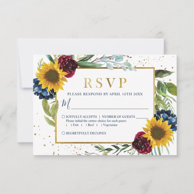 Greenery Sunflower Floral Gold Glitter Wedding RSVP Card (Front)