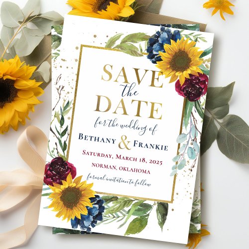 Greenery Sunflower Floral Gold Save The Date Card