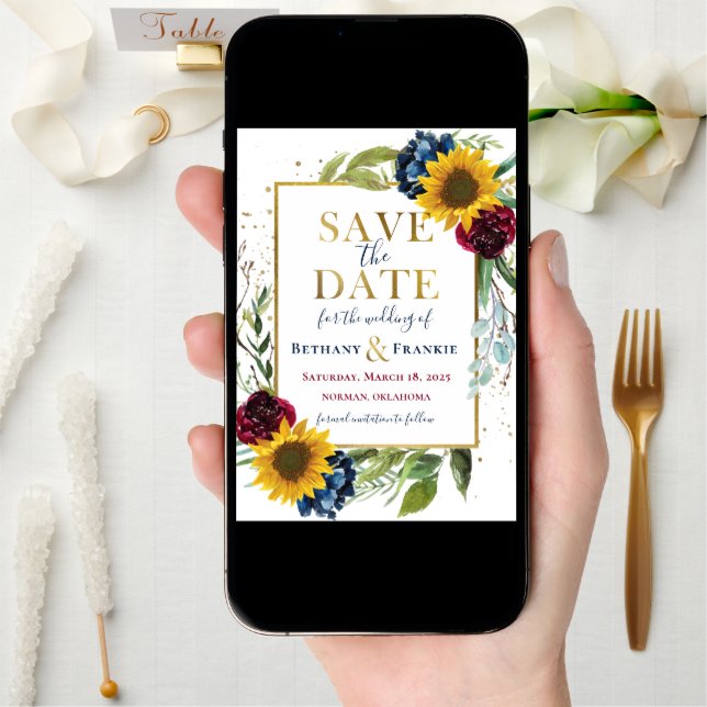 Greenery Sunflower Floral Gold Save The Date Card (Front Digital)