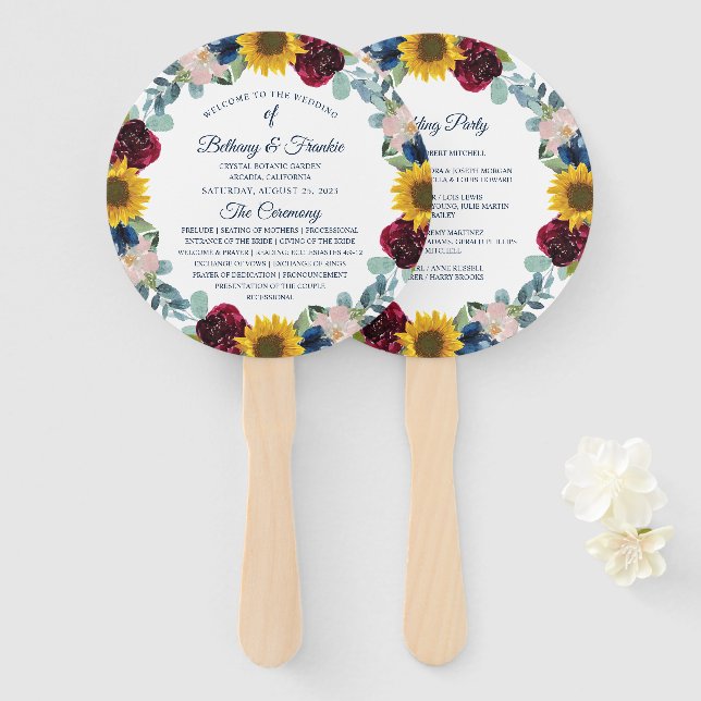 Greenery Sunflower Floral Wedding Program Hand Fan (Front and Back)