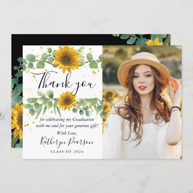 Greenery Sunflower Graduation Photo Thank you Card (Front/Back)