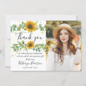 Greenery Sunflower Graduation Photo Thank you Card (Front)