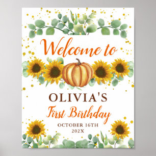 Greenery Sunflower Pumpkin Autumn Birthday Welcome Poster