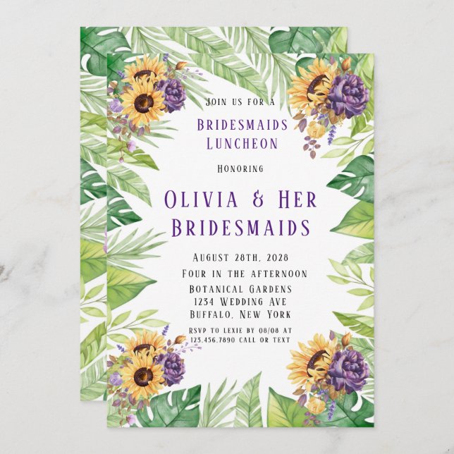 Greenery Sunflower Purple Floral Bridesmaids Lunch Invitation (Front/Back)