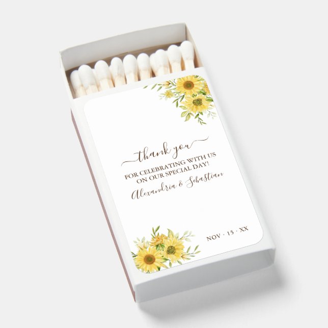 Greenery Sunflower Wedding Thank You  Matchboxes (Front Open)