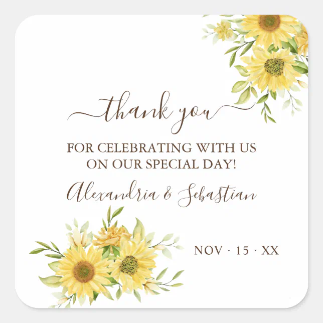 Greenery Sunflower Wedding Thank You Square Sticker | Zazzle