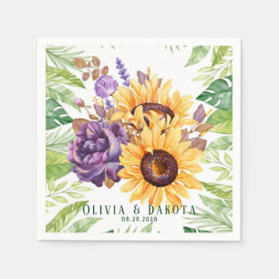 Greenery Sunflowers and Purple Floral Wedding Napkins