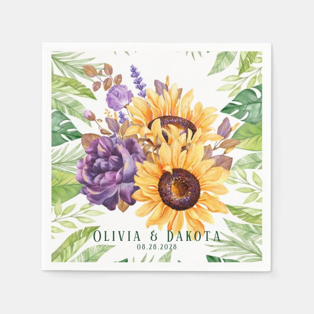 Greenery Sunflowers and Purple Floral Wedding Napkins (Front)