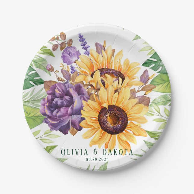 Greenery Sunflowers and Purple Floral Wedding Paper Plates (Front)