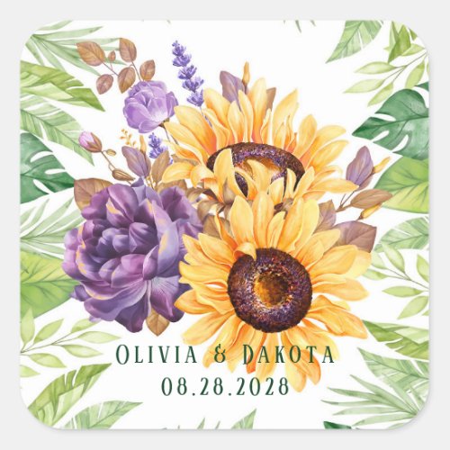 Greenery Sunflowers and Purple Floral Wedding Square Sticker