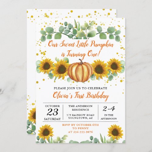 Greenery Sunflowers Autumn Pumpkin Fall Birthday Invitation