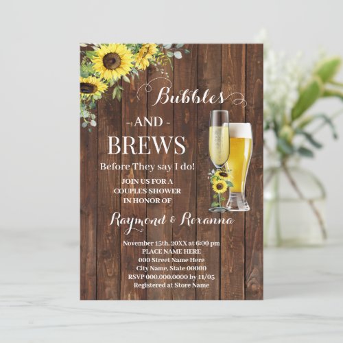 Greenery Sunflowers Bubble  Brews Couples Shower Invitation