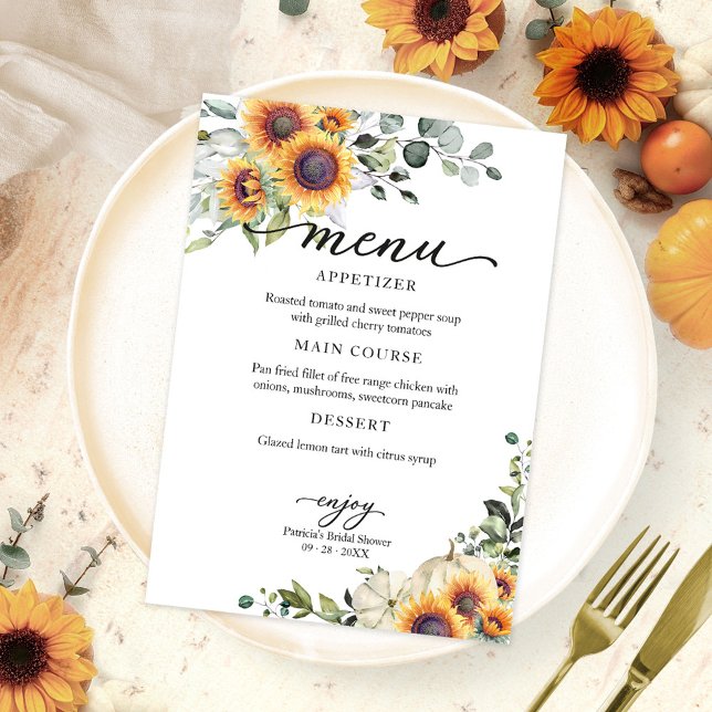 Greenery Sunflowers Fall Bridal Shower Menu Invitation (Creator Uploaded)
