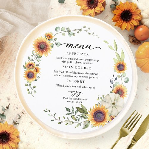 Greenery Sunflowers Fall Bridal Shower Round Menu Invitation