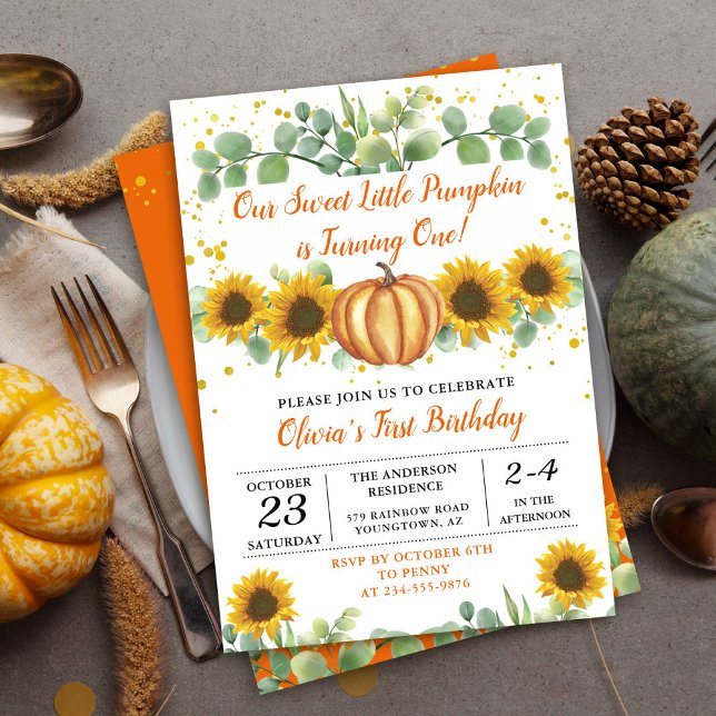 Greenery Sunflowers Fall Pumpkin First Birthday Invitation (Creator Uploaded)
