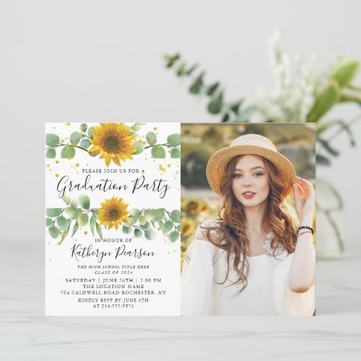 Greenery Sunflowers Graduation Party Photo Invitation | Zazzle