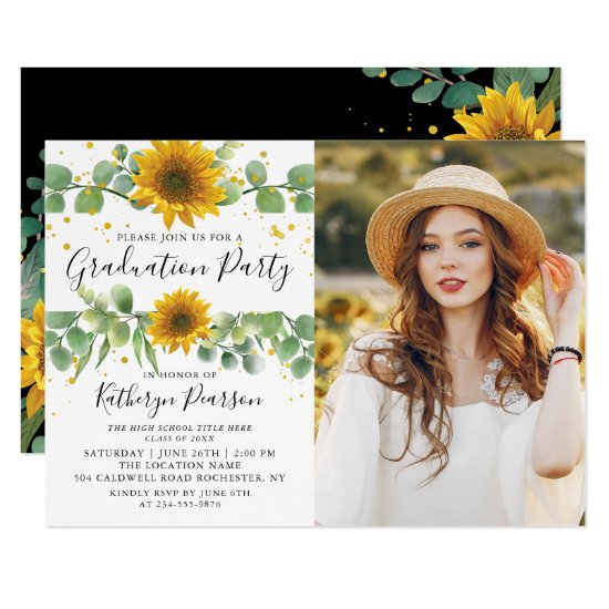 Greenery Sunflowers Graduation Party Photo Invitation