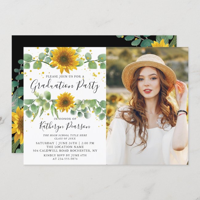 Greenery Sunflowers Graduation Party Photo Invitation