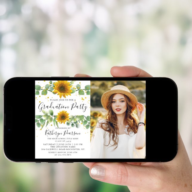 Greenery Sunflowers Graduation Party Photo Invitation (Front Digital)