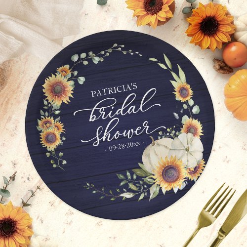 Greenery Sunflowers Pumpkin Fall Bridal Blue Wood Paper Plates