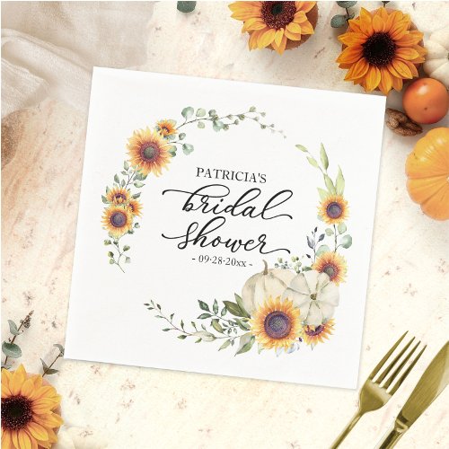 Greenery Sunflowers Pumpkin Fall Bridal Shower Napkins