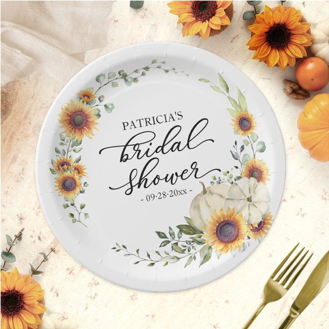 Greenery Sunflowers Pumpkin Fall Bridal Shower Paper Plates (Creator Uploaded)