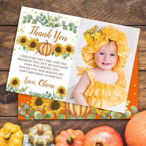 Greenery Sunflowers Pumpkin First Birthday Photo Thank You Card