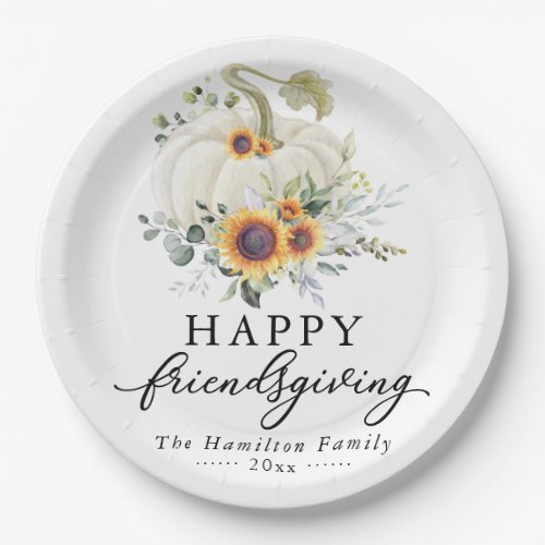 Greenery Sunflowers White Pumpkin Friendsgiving Paper Plates