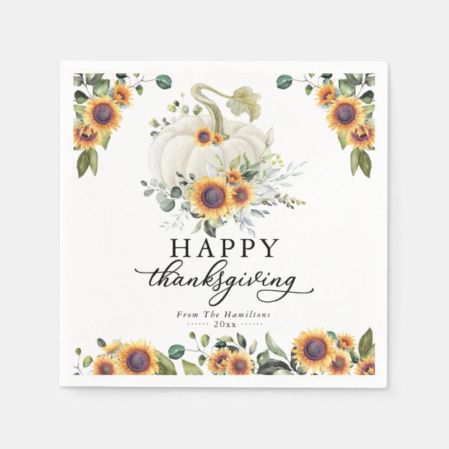 Greenery Sunflowers White Pumpkin Thanksgiving Napkins (Front)