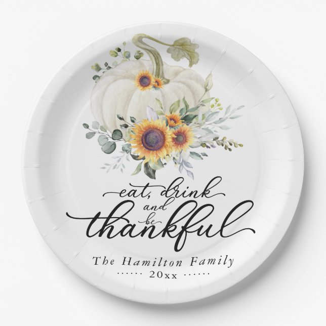 Greenery Sunflowers White Pumpkin Thanksgiving Paper Plates (Front)