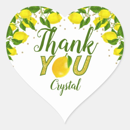 Greenery Sweet Lemon Gold Glitter Thank You Heart Sticker