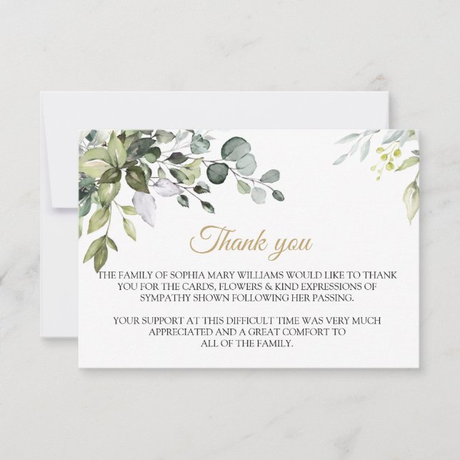 Greenery Sympathy Funeral Thank You Note Card (Front)