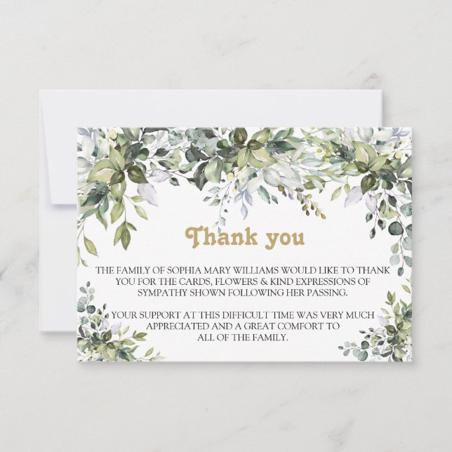 Greenery Sympathy Funeral Thank You Note Card (Front)