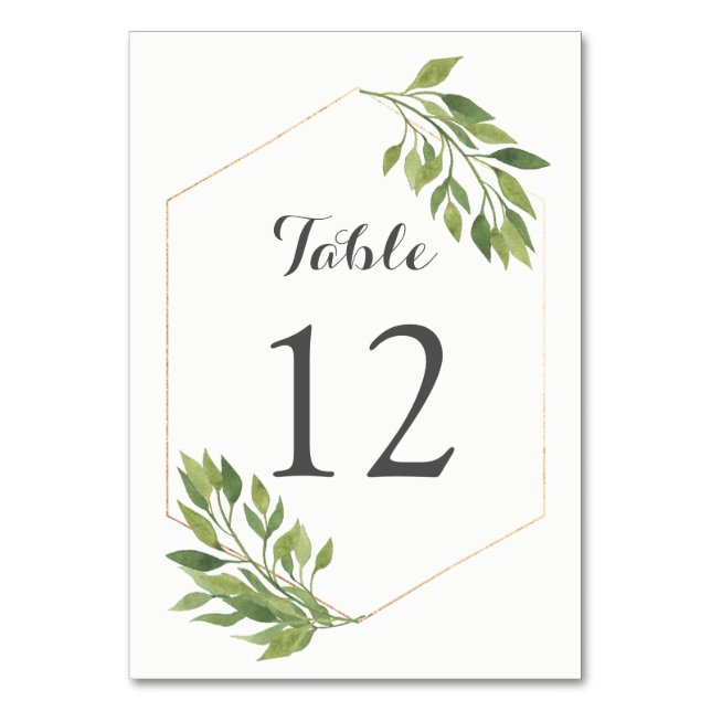 Greenery table number card gold geometric frame (Front)