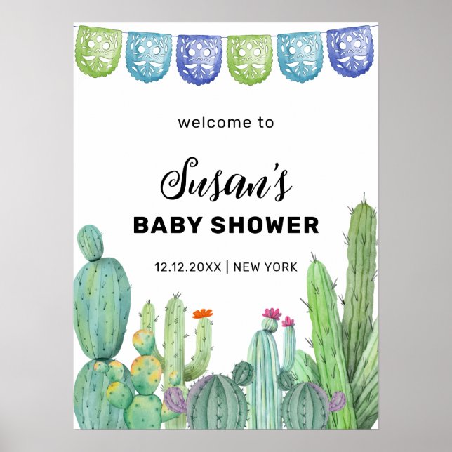 Greenery Taco Fiesta Cactus Baby Shower Welcome Poster (Front)