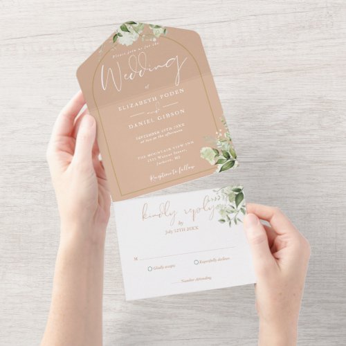 Greenery Tan And Gold Arch Wedding All In One Invitation