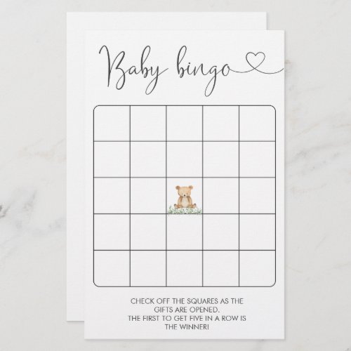 Greenery Teddy Bear Baby Shower Bingo Game