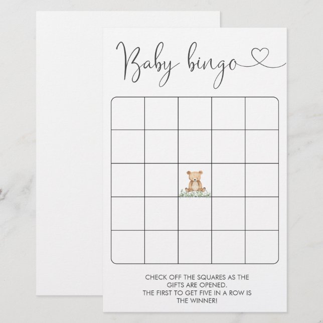 Greenery Teddy Bear Baby Shower Bingo Game (Front/Back)
