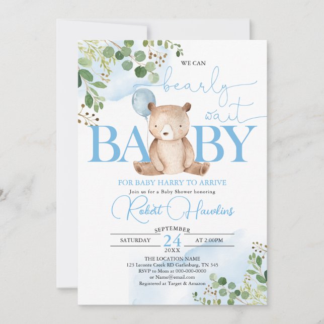 Greenery Teddy Bear Balloon Baby Shower Invitation (Front)