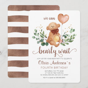 Greenery Teddy Bear Bearly Wait Baby Birthday Invitation