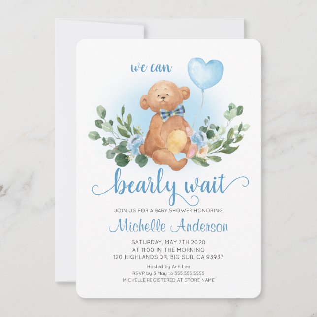 Greenery Teddy Bear Bearly Wait Baby Shower Invitation (Front)
