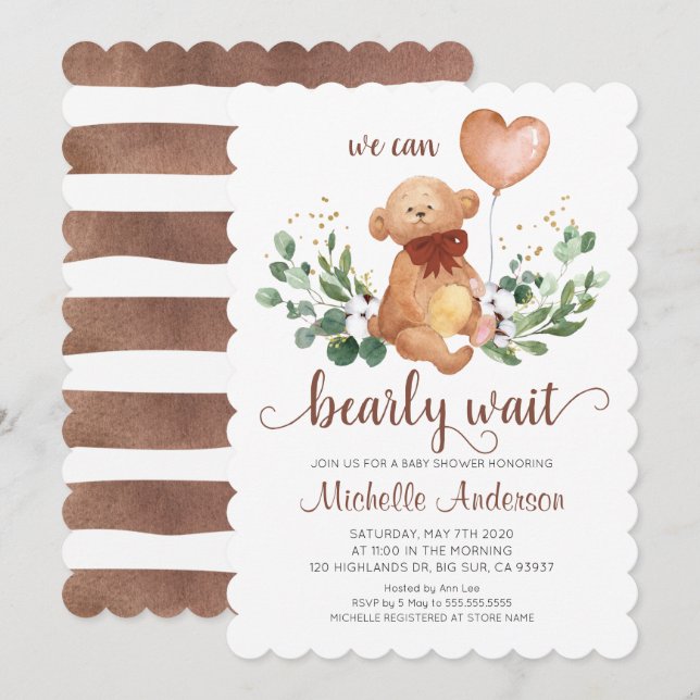 Greenery Teddy Bear Bearly Wait Baby Shower Invitation (Front/Back)
