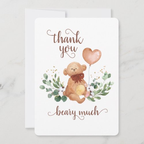 Greenery Teddy Bear Beary Much Baby Shower Thank You Card