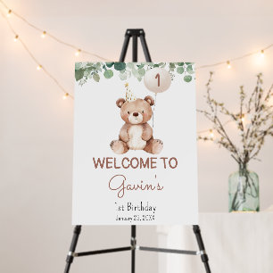 Greenery Teddy Bear Birthday Party Welcome Sign