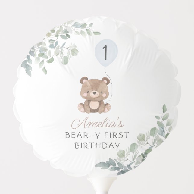 Greenery Teddy Bear First Birthday Gender Neutral Balloon (Front)