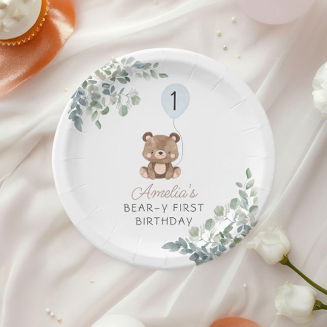 Greenery Teddy Bear First Birthday Gender Neutral Paper Plates (Creator Uploaded)