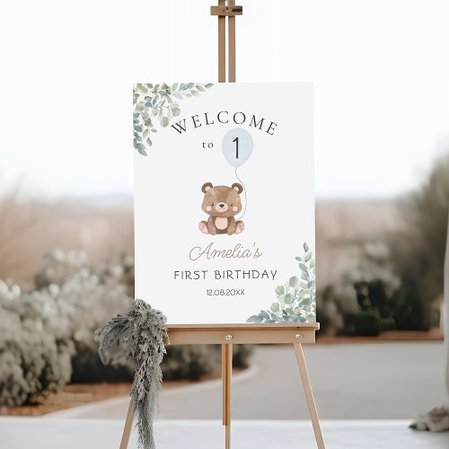 Greenery Teddy Bear First Birthday Neutral Welcome Foam Board