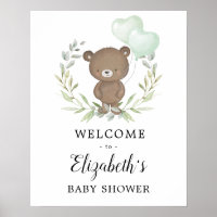 Greenery Teddy Bear Neutral Baby Shower Welcome Poster