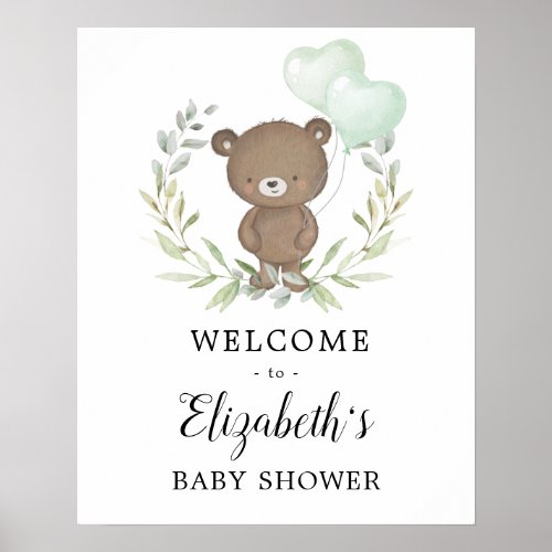 Greenery Teddy Bear Neutral Baby Shower Welcome Poster